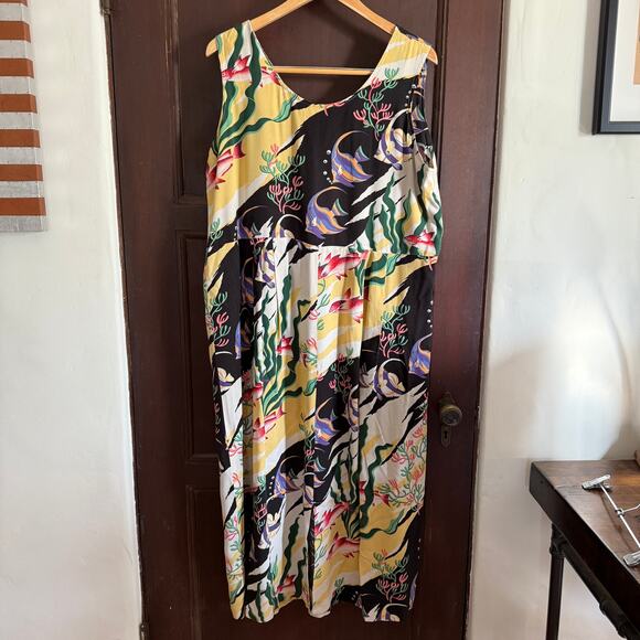 Vintage REYN SPOONER | Women's Fish Print SLeeveless Midi Hawaiian Dress | Sz 14 - Picture 3 of 7